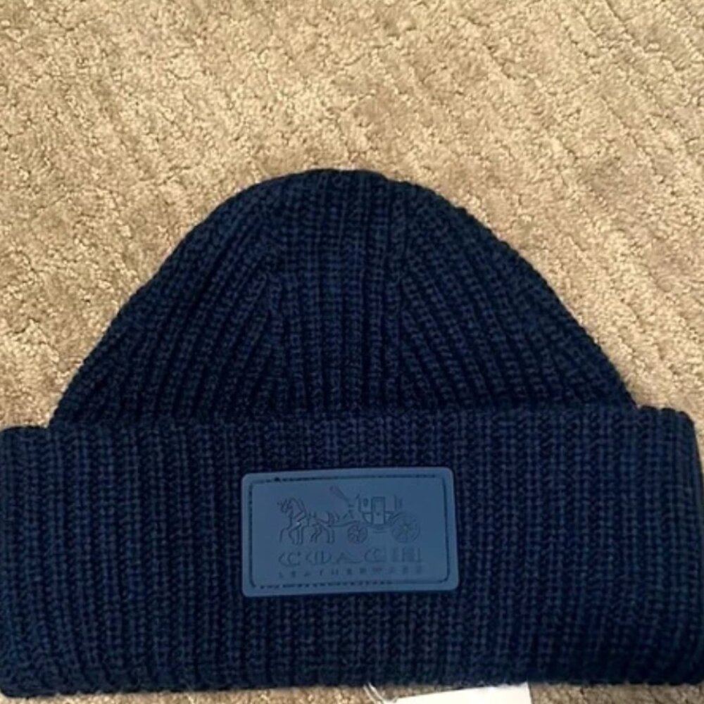 Coach Wool Blend hat in Indigo Rubber Logo Patch